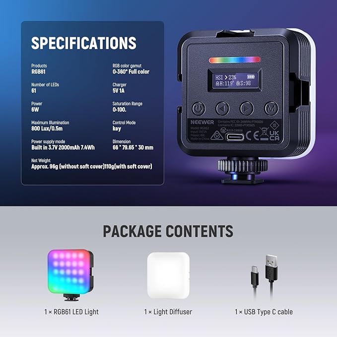NEEWER Magnetic RGB Camera Light, 360° Full Color RGB61 Small LED Panel Video Light with 3 Cold Shoe Mounts/CRI 97+/20 Scene Modes/2500K-8500K/2000mAh Portable Recording Photography Selfie Lighting