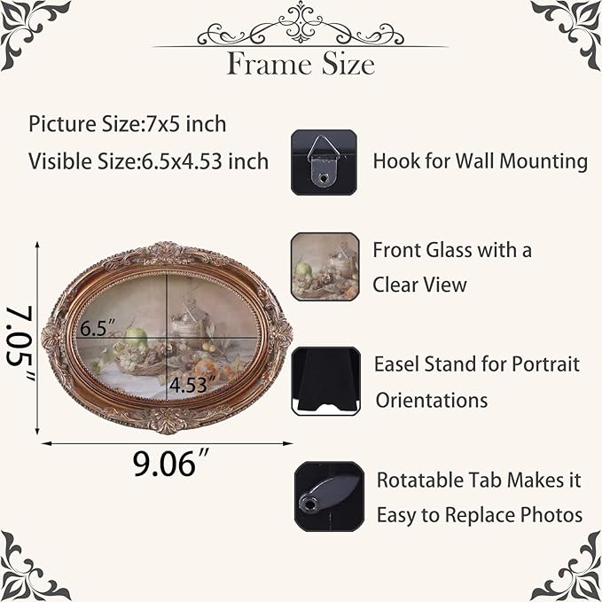 Vintage Picture Frames 5x7 Ornate Bronze Antique Pictue Frames with Real Glass Cover for Wall & Tabletop Display Victorian Home Decor Gallery Wall Decor,Oval
