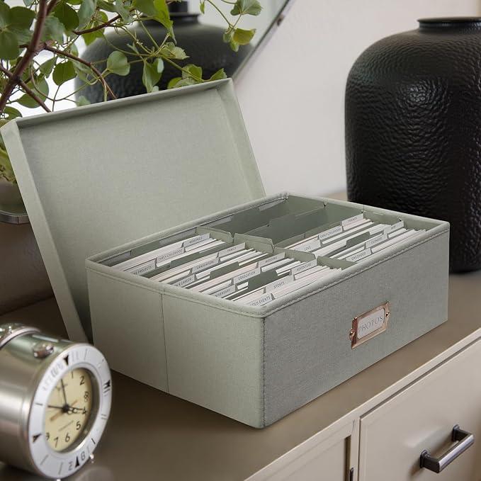 kroucoco Linen Photo Storage Box,Decorative Photo Organizer with Dividers Can Hold 1700 Photos(4x6) and Pictures,Photo Storage Containers with Lid for Cards,Stickers,Scrapbooks,Stamps,Keepsake