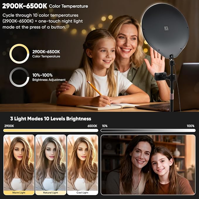 10W 12" Ring Light with Desk Stand & Phone Holder, Dimmable 360° Rotatable LED Full Screen Computer Lamp for Zoom Meetings, Streaming, Gaming, TikTok,YouTube,Videos with Night Light Mode