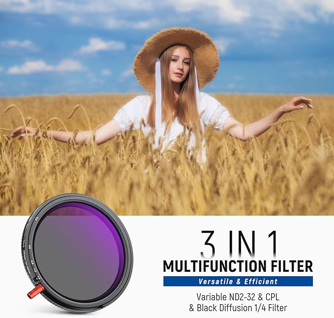 NEEWER 58mm 3 in 1 Variable ND Filter + CPL + Black Diffusion 1/4, ND2-32 (1-5 Stop), Camera Lens Neutral Density Circular Polarizing Multicoated HD Optical Glass Effect Filter with Storage Case