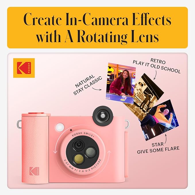 Kodak Smile+ 2-in-1 Digital Instant Print Camera & Wireless Bluetooth Photo Printer - 10MP, Special-Effect Rotating Lens, Zink 2x3” Sticky-Back Photos, Print via Fun App from Smart Devices - Pink