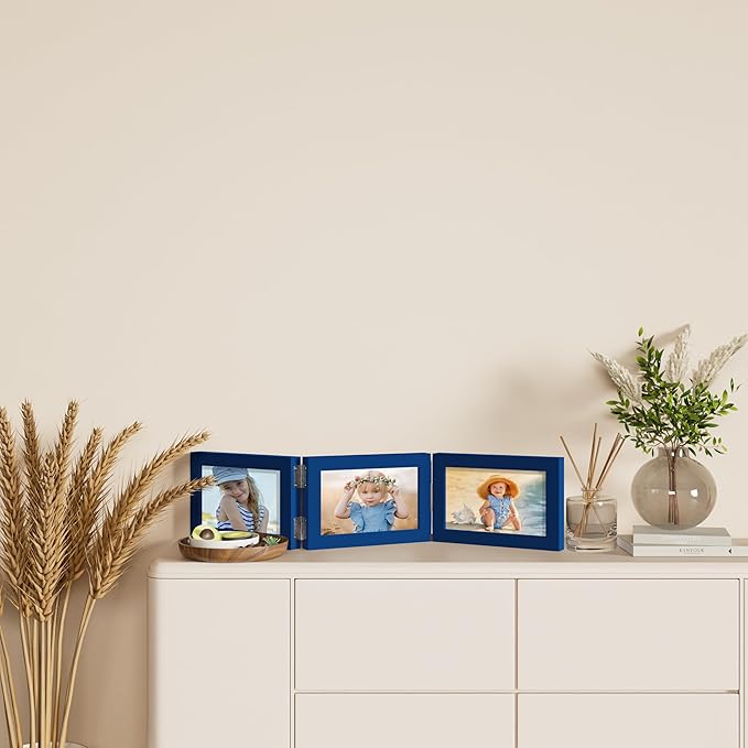 decorUhome Triple 6x4 Picture Frame Horizontal, Engineered Wood Trifold Photo Frame with Plexiglass for Tabletop Display, 6x4, Royal Blue