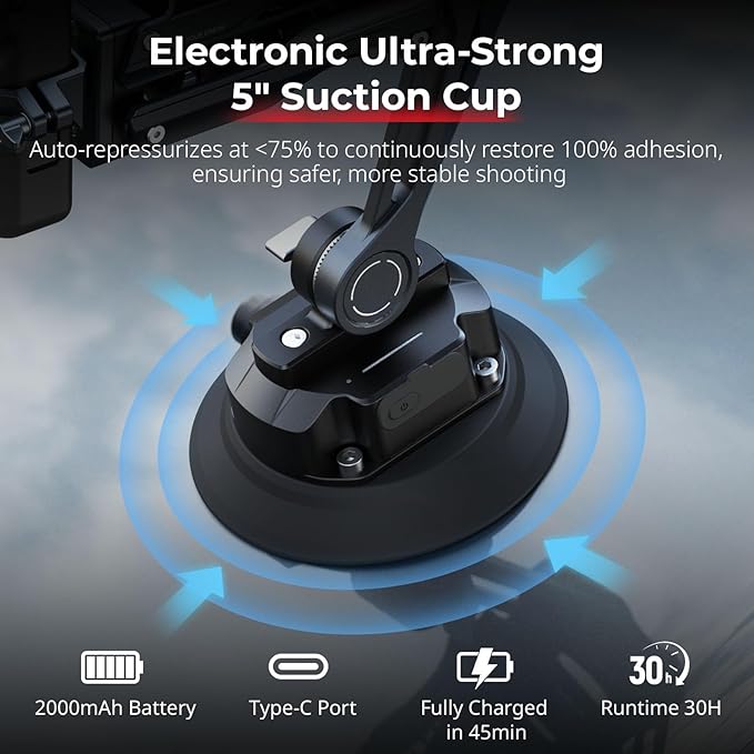 SMALLRIG Mini Electronic Shock Absorber Arm, 5” Vacuum Suction Cup Car Mount for DJI Osmo Pocket 3/for GoPro HERO13/for Insta360 X5/X4/X3 Ace Pro2, 2000mAh, Double Spring and Hydraulic Damping -5507