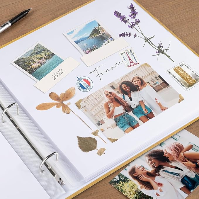1DOT2 12x12 Inch Large 3 Ring DIY Scrapbook Photo Album Journal with 30 Plastic Sleeves 60 Pages and Fabric Cover for Baby Travel Wedding Anniversary kids Adventure (Indian Yellow Cover/White Pages)
