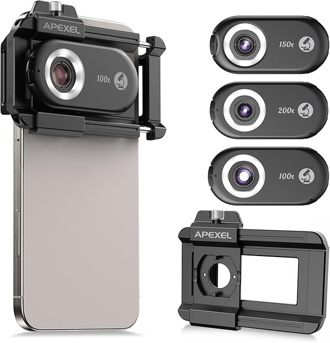 APEXEL 3-in-1 Phone Microscope Lens, PhoneMicro 5 Series 100X/150X/200X Phone Micro Lens for Android/iPhone with LED Light/CPL/Universal Clip, Phone Lens Attachment Mini Pocket Microscope Camera