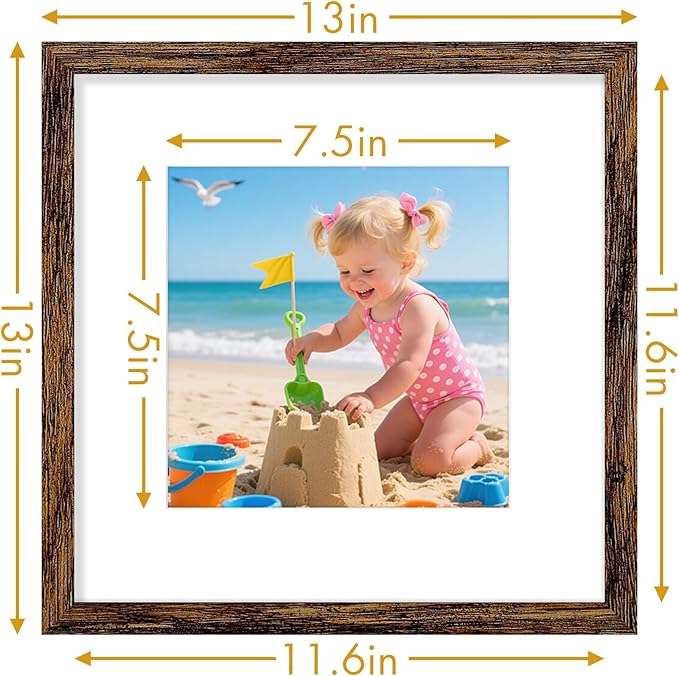Vittanly 12x12 Picture Frame, Made of Solid Wood and Shatterproof Plexiglass, Display Pictures 8x8 with Mat or 12x12 without Mat, Wooden Photo Frame for Wall Mounting, Dark Brown, 1 Pack