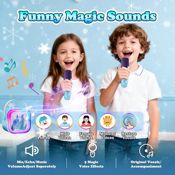 Mini Karaoke Machine for Kids,5 Voice Effects - Portable Bluetooth Speaker with 2 Wireless Mics LED Lights for Boys Girls Ages 3-12| Kids Karaoke Machine Birthday Gift Toy for Singing,Party & Play