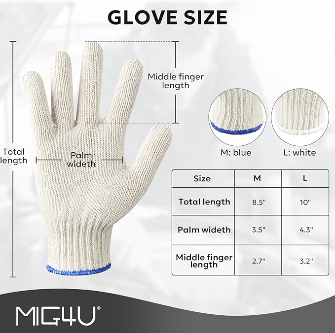 MIG4U 12 Pairs Work Gloves - Cotton String Gloves for Safety Work - Glove Liner Hand Saver Heat Protection for BBQ (Medium, Heavy)