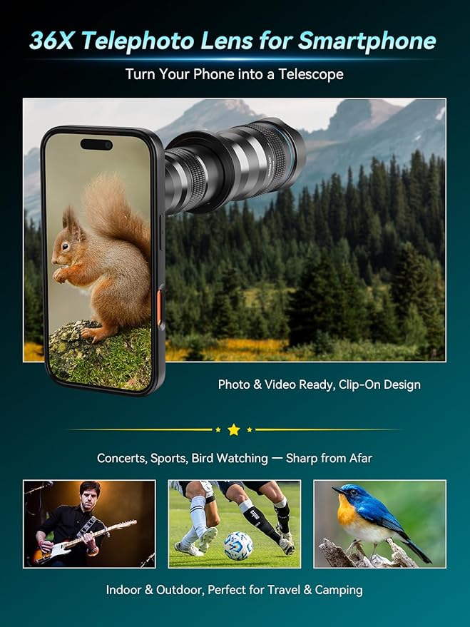 APEXEL 36x Telephoto Lens Compatible with iPhone 17 Pro | Photography for Travel, Birdwatching, Exploration | Kit with Sturdy Metal Tripod and Threaded Phone Case