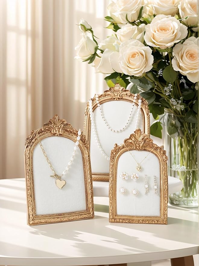 Vintage Frame Jewelry Stand, Gold Resin Photo Frame Earring Necklace Ring Organizer for Woman Engagement Wedding Collectibles (Medium)