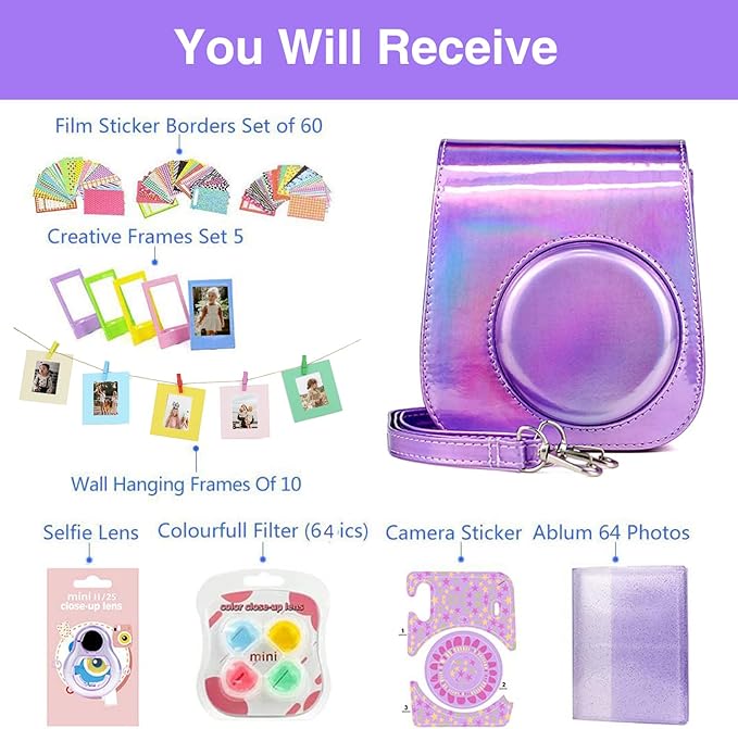 WOGOZAN Mini 11 Accessories for Fujifilm Instax Mini 11 Instant Camera Include Case, Color Filters, Photo Album, 2x3 Frames, Selfie Lens and Stickers (Magic Purple) (No Camera)