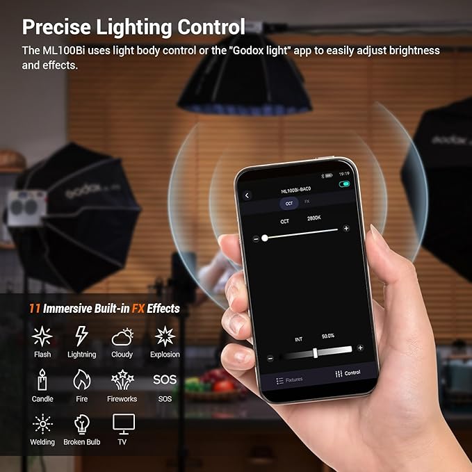 Godox ML100Bi 100W Portable LED Video Light,CRI 97+/TLCI 98+,0%-100% Brightness& Bi-Color COB Continuous Output Lighting 2800-6500K,11 FX Lighting Effects,App Control Mini Photography Light