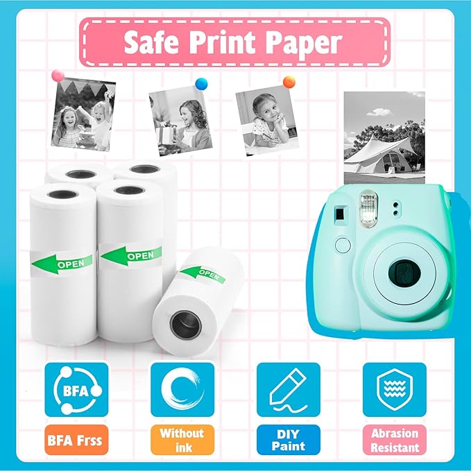 12 Rolls Mini Thermal Printer Sticker Paper, Kids Instant Camera Refill Print Paper, Atnadov HD Thermal Paper for Most Kids Instant Camera (White-12 Rolls Sticker Paper)