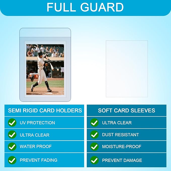 400ct Card Protectors - 200 Semi Rigid Card Sleeves and 200 Soft Sleeves, Semi Rigid Card Holder, Semi Rigid Baseball Cards Sleeves Protectors, Graded Trading Cards Sleeve