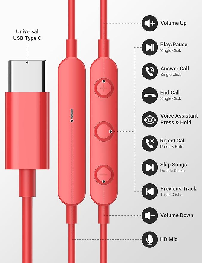USB C Earbuds with Microphone Cute in Ear Wired Headphone USB-C Plug Ear Buds Corded Head Phone Magnetic Type C Earphone for iPhone 17 Pro Max 16 Plus 15 16e for Samsung A17 A16 S26 S25 S24