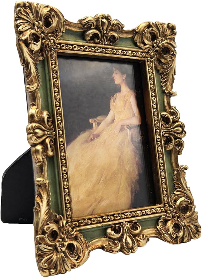 CISOO 2.5x3.5 Vintage Small Picture Frame, Antique Ornate Green and Gold Wallet Size Photo Frame, for Table Top and Wall Display, Decorative Floral Design Retro Home Decor, Photo Gallery Art