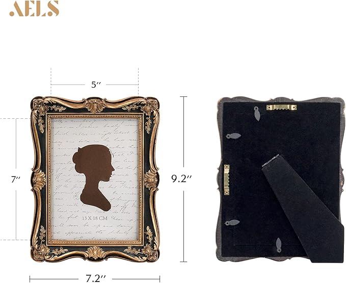 AELS 5x7 Inch Vintage Picture Frame, Elegant Antique Photo Frames with Glass Front, Photo Display, Tabletop Wall Hanging, Gift Ideas, Gold and Black