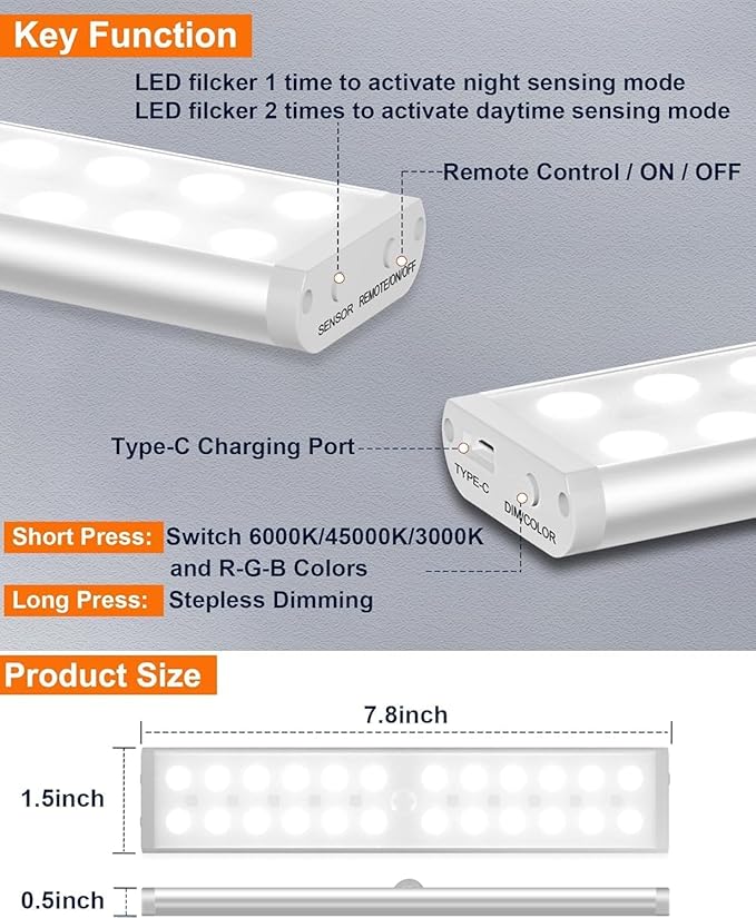 Diomart Under Cabinet Lighting, RGB Rechargeable Motion Sensor Light Indoor Night Lights, 58 -LED Remote Control Under Counter Lightis for Kitchen, Wardrobe, Hallway, Stairs, Desk(4 Pack)