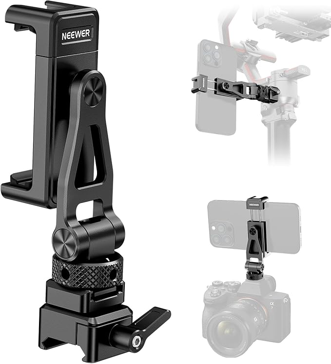 NEEWER Metal Phone Tripod Mount with Cold Shoe NATO Clamp Compatible with DJI RS5 RS4 RS3 Pro RS2 RSC2 Gimbal Stabilizer, 180° Tilt Phone Clip Holder Compatible with iPhone 15 Pro Camera Cage, GA010