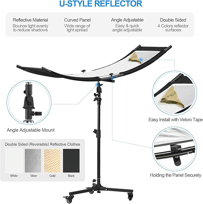 WELLMAKING Clamshell Light Reflector Diffuser with Carrying Bag, 39”×20”/100x50cm Photography Curved Lighting Reflector for Photo Studio Photography & Outdoor Lighting, Black/White/Gold/Silver Colors