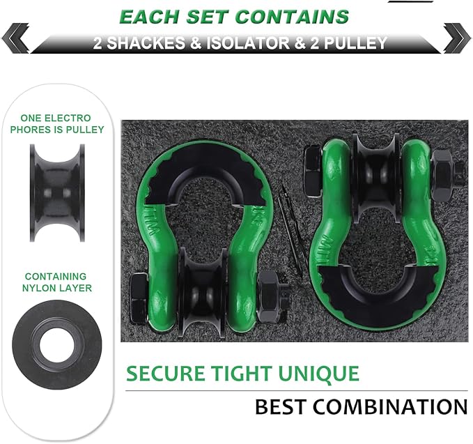 Upgraded Snatch Block, 3/4" D Ring Shackle (2 Pack) 22,000lb Break Strength with Towing Pulley, Heavy Duty Offroad Recovery Accessory for Truck, Tractor, ATV & UTV (DarkGreen)