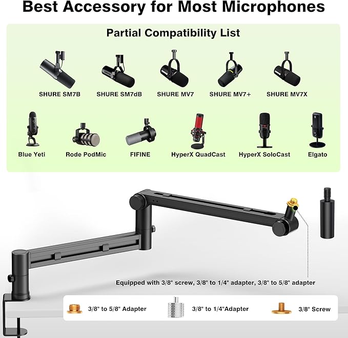 Low Profile Boom Arm (Design for Heavy Mic) 6.6lbs Load Capacity, Stable Gear Lock Structure Never Sags, Metal Microphone Stand Desk Mount for Shure SM7B MV7+, Blue Yeti,Rode PodMic