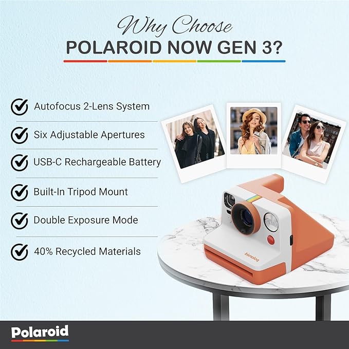Polaroid Now Generation 3 I-Type Instant Camera (Coral) Bundle with Color I-Type Film (8 Exposures), Hard Protective Case and Wrist Strap