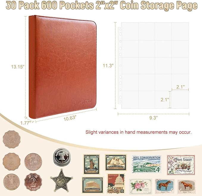 BYSTER Coin Collection Book, 30 Pack 600 Pockets Coin Sleeves, Coin Collection Holder Album, Coin Collection Organizer Storage Box Case (Coin Flips Not Included), Reddish Brown