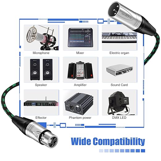 XLR Pro Mic Cable Male to Female 3-Pin Green Balanced Shielded Microphone Cable for Amplifier, Mixer, Speaker Systems, Recording Studio, 25Ft