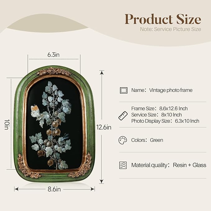 Cuspin 8x10 Vintage Picture Frame, Ornate Green and Gold Frames, Hand-Crafted Flower Textured Resin Frame with Glass Front for Wall Hanging and Tabletop Display Home Decor