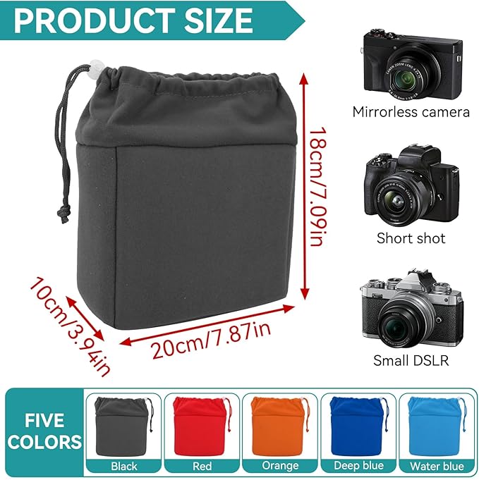 Camera Insert Bag, Camera Padded Bag Shockproof Camera InsertBag Foldable ProtectiveBag Inner CameraOrganizer with Drawstring for DslrCamera Lens (Black)