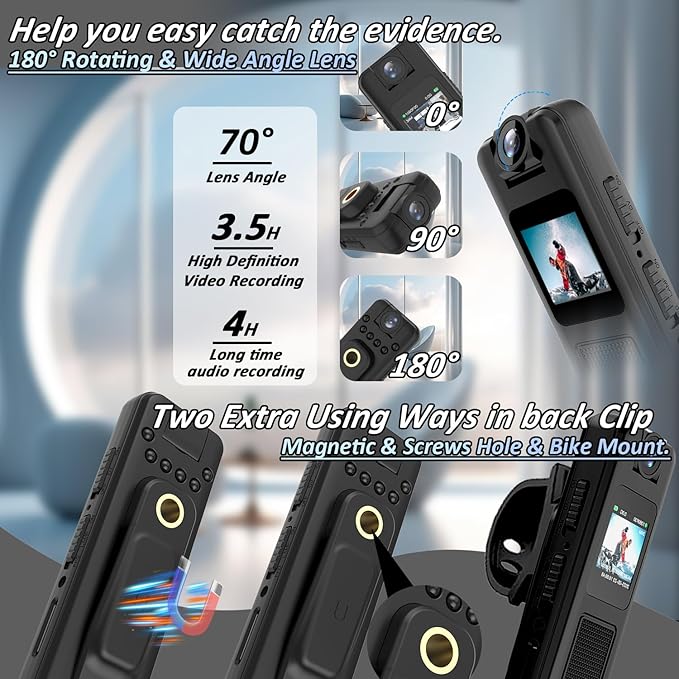 Mini Body Camera with Night Vision, 1080P HD Body Cam with 180° Rotatable Lens, Portable Body Worn Camera with 64GB Card, Loop Recording for Security, Law Enforcement, Outdoor Travel, Hiking