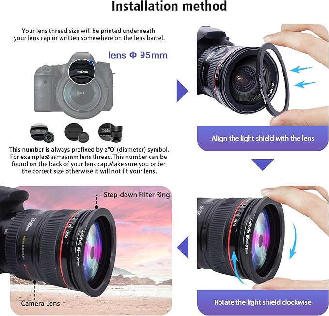 95mm Lens to 77mm Camera Lens Adapter,95mm to 77mm Filter Step-Down Ring Adapter Ring,Compatible All 77mm Filter Accessory