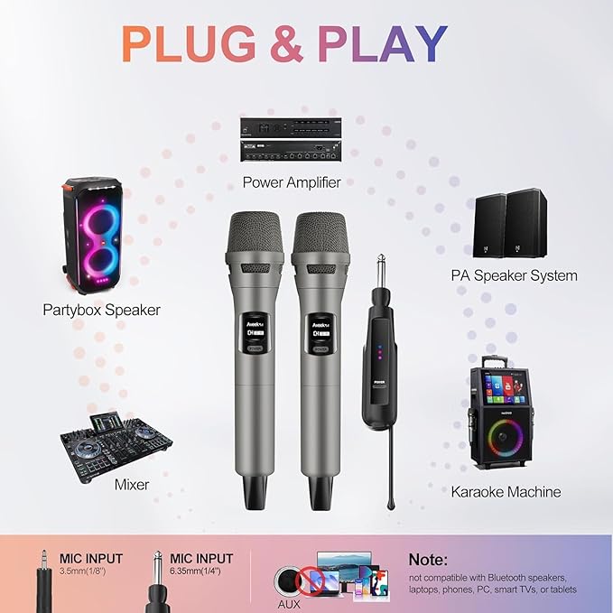 Aveek Wireless Microphone System, 2 Rechargeable Mics and Receiver, Plug & Play for Karaoke Machine, Party Speakers, Home Entertainment, Wedding & Events - Crystal Clear Sound, 100ft Range