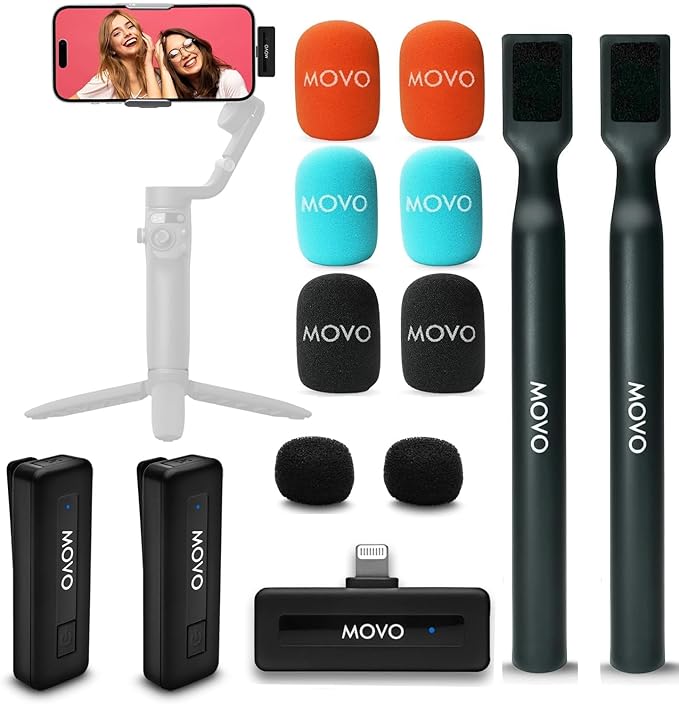 Movo Wireless Mini DI Duo Dual Ultra Compact Wireless Lavalier Microphones for iPhone with Handheld Adapter - Lapel Mic with Handle Mount for Content Creators, Interviews, Reporting and More