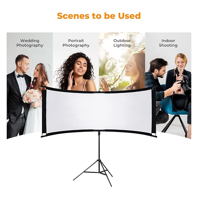 K&F CONCEPT U-Shape Reflector Curved Reflector 180x60cm with 4-in-1 Reflective Fabric, Black/Gold/White/Silver, with 1.9m Stand, with Storage Bag, for Photography Studios