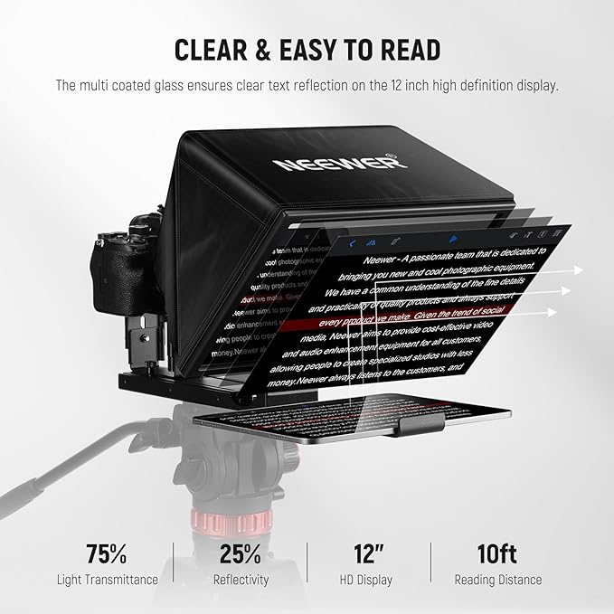NEEWER Basics X12B Aluminum Alloy Teleprompter 12" for iPad Tablet DSLR Camera, Bluetooth, No Assembly, Remote & App Control, Compatible with iOS Android, Black, for Streaming