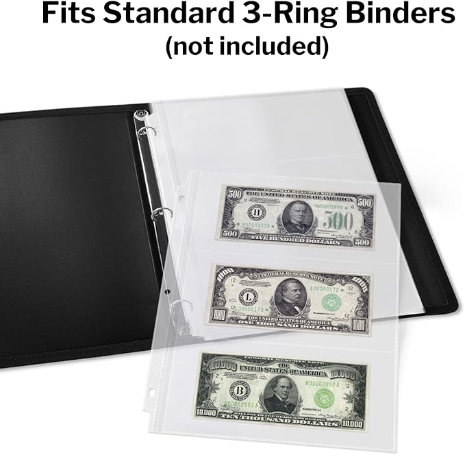 Dunwell Binder Currency Sleeves for Collectors - (50 Pack), Acid-Free 3-Pocket Clear Plastic Refill Pages for Currency Collection Album, 3-Ring Binder Sheet Protectors for Bills, Banknotes or Coupons