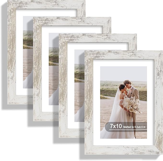 7x10 Picture Frame Set of 4, Made of Real Glass and Distressed White Frame - Display 5.5 x 8.5 Diploma Frame with Mat or 7x10 Without Mat, 7 by 10 Photo for Wall or Tabletop