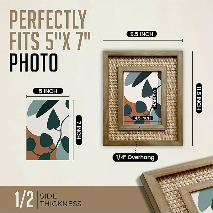 Handwoven Rattan & Solid Wood Picture Frame for 5x7 Photo or Artwork - Rustic Picture Frames, Wicker Wall Decor, Coastal, Beach, or Tropical Style, All Natural Wood & Seagrass - Brown