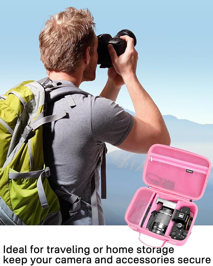 RAIACE Hard Case Compatible with Sony Alpha 7 II III IV/7R V Camera, for Nikon, for Canon, for Pentax and More. Large Capacity With Mesh Pocket for Lens, Charger, Cables, Cards and Accessories.-Pink