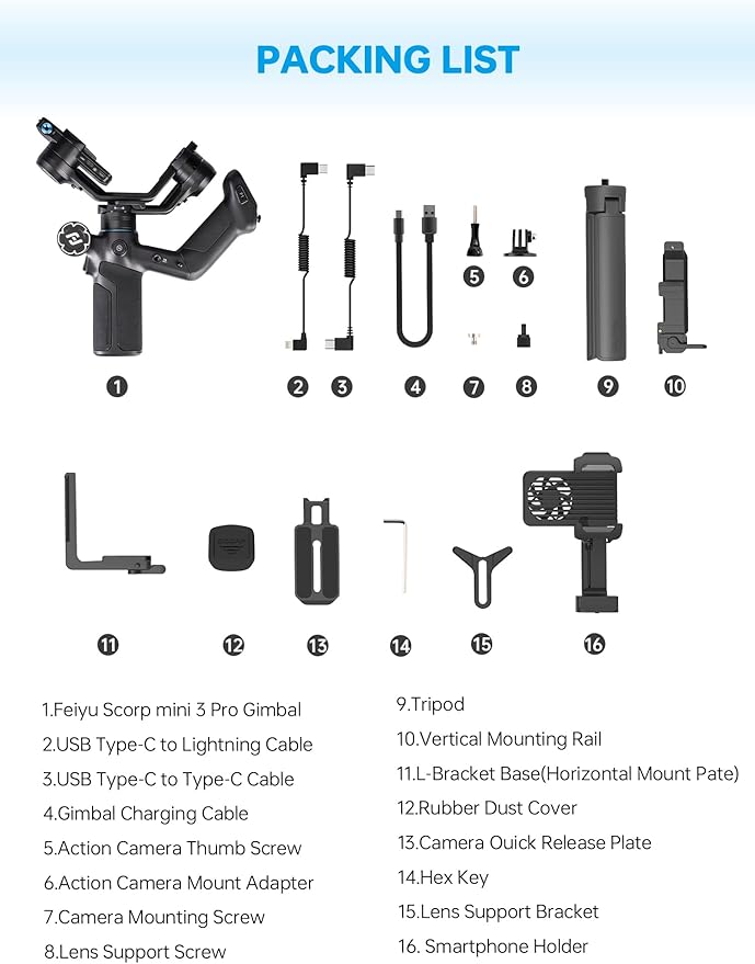 FeiyuTech SCORP Mini 3 Pro 3-Axis Gimbal Stabilizer with Built-in AI Tracking & Detachable Touchscreen Handle, 4.4lbs Payload for Mirrorless Cameras, Smartphones, Action Cams