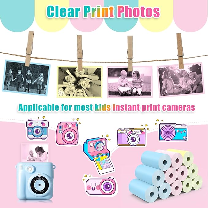 Hikkon 12 Rolls Kids Instant Camera Thermal Print Paper Refill - 3 Colors (Pink, Blue, Yellow) Compatible with Most Children Instant Print Cameras