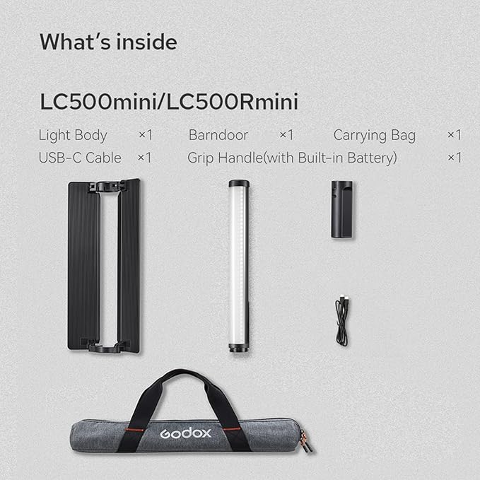 Godox LC500R Mini RGB Video Light Stick - Adjustable 360° Full Color Handheld LED Light Wand with Battery Grip and Barndoor