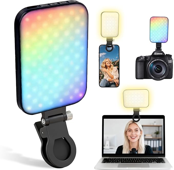 RGB Selfie Light for iPhone, Portable Phone Light Clip with 4 Light Modes & 10 Brightness Levels, Rechargeable 3000mAh Selfie Light for Phone, TikTok, Makeup, Zoom