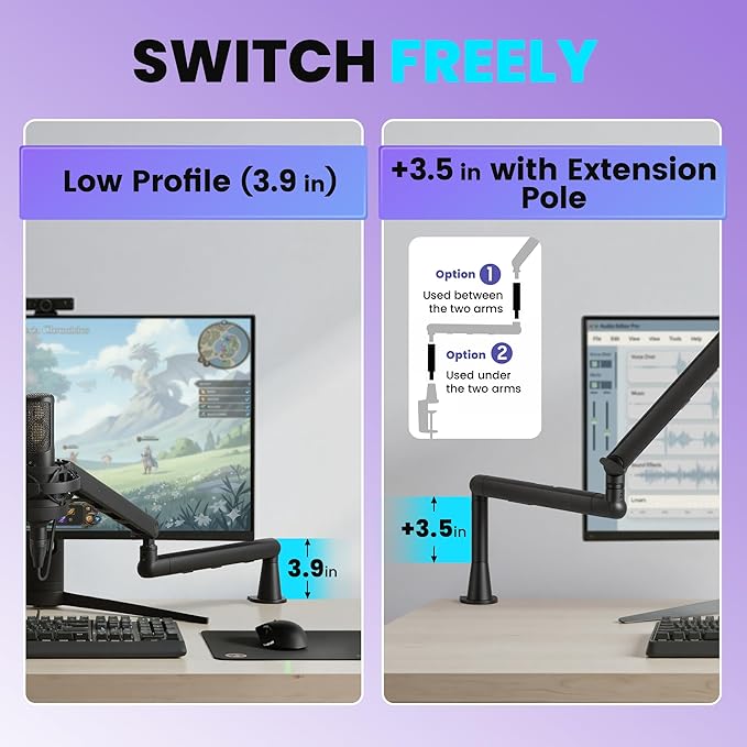 CAHAYA Mic Stand Boom Arm - Low Profile Adjustable Microphone Arm Stand with 3.5" Extension Pole Desk Clamp Screw Adapter for Streaming Gaming Compatible with Blue Yeti Shure SM58 SM48 Fifine K669B