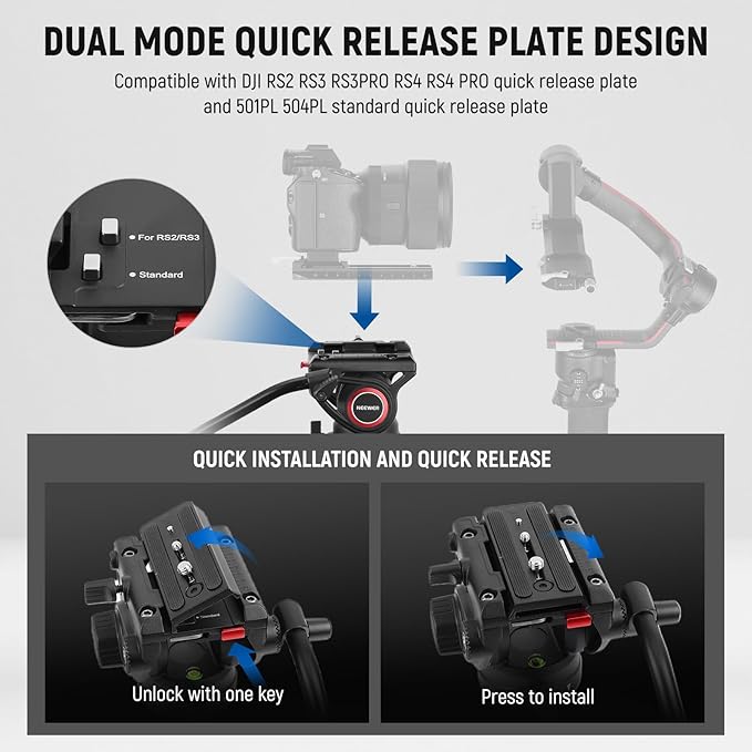 NEEWER 76" Video Camera Tripod with Fluid Head, One Step Quick Release Portable Tripod, Aluminum Heavy Duty Tripod Stand, Dual Mode QR Plate for DSLR Cameras Camcorders, Max Load 17.6lb, LL27