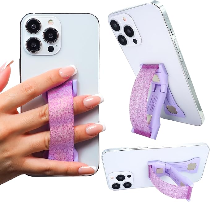 LOVEHANDLE PRO Premium Phone Grip - Silicone Phone Strap - Magnetic Phone Mount and Kickstand for Smartphone and Tablet - Amethyst Glitter Silicone