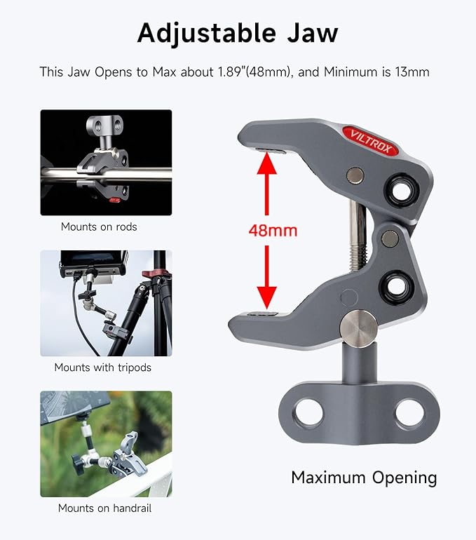 VILTROX ES-V02 Super Crab Claw Clamp Magic Arm Camera Clamp, Crab-Shaped Monitor Clamp with 1/4" 3/8" Threaded Holes for Gopro/DSLR Camera/Stabilizer/LED Light for Photography Video Recording Vlogging